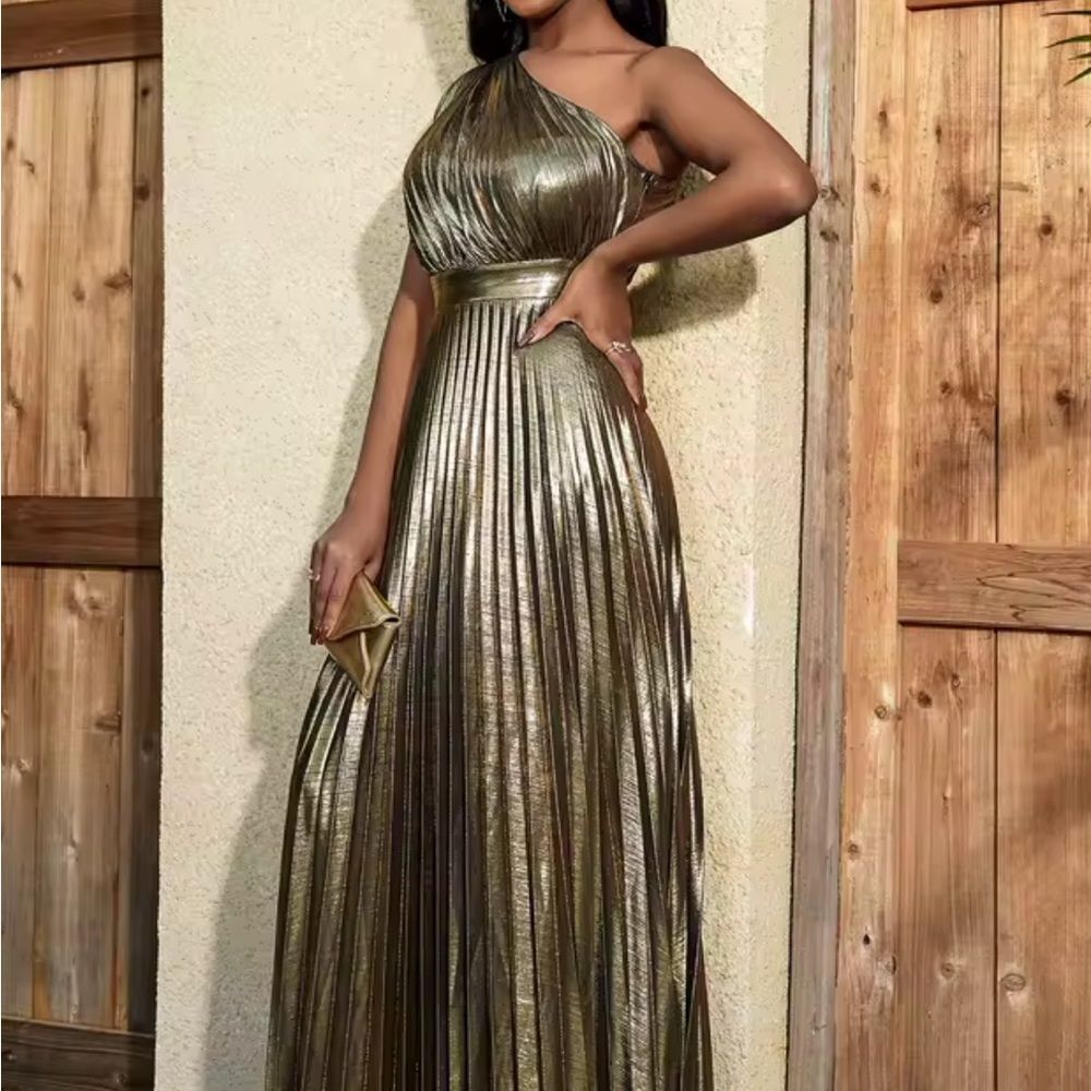 Long Dress for Women Gold Gilding One Shoulder High Waist